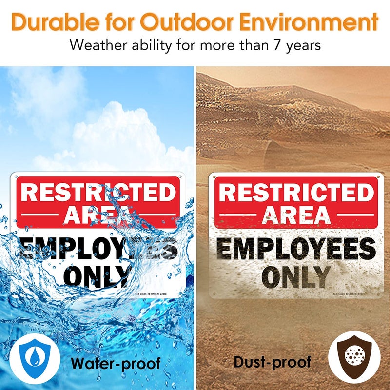 TR Restricted Area Sign Employees Only Sign - 2 Pack - 10 x 7 Inches Rust Free .040 Aluminum - UV Protected, Waterproof, Weatherproof and Fade Resistant - 4 Pre-drilled Holes - Image 4